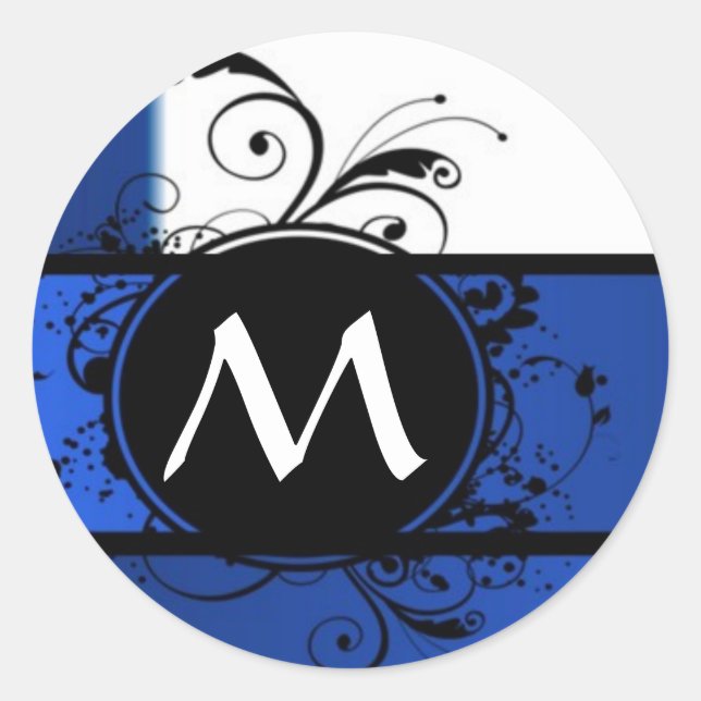 Royal blue and white monogram classic round sticker (Front)