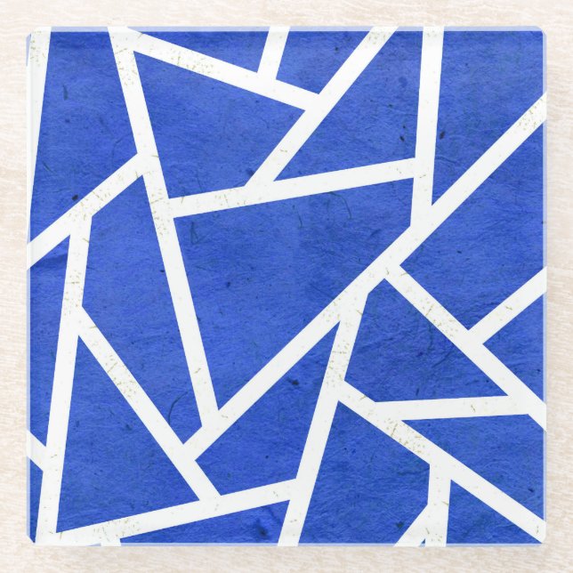 Royal blue and white mosaic pattern glass coaster (Front)