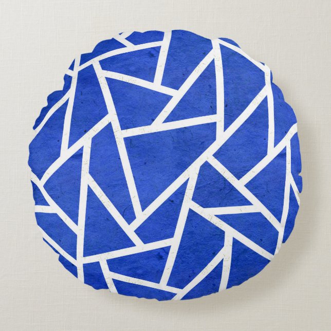 Royal blue and white mosaic pattern round cushion (Front)