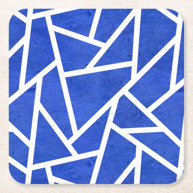 Royal blue and white mosaic pattern square paper coaster (Front)