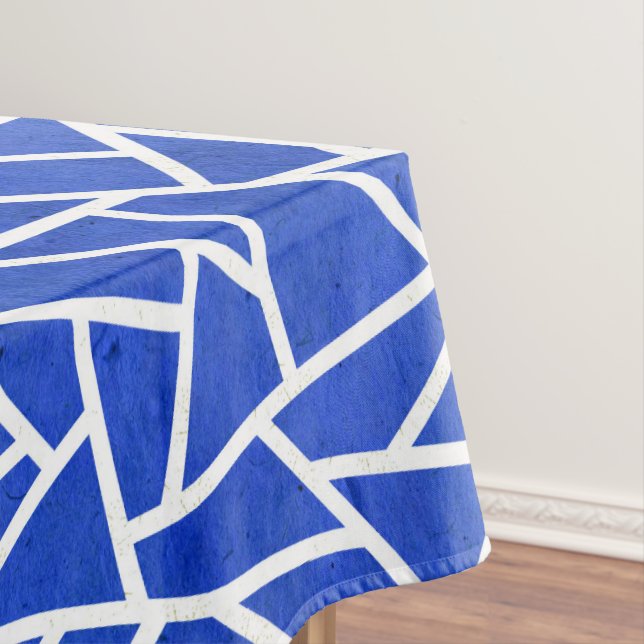 Royal blue and white mosaic pattern tablecloth (In Situ)