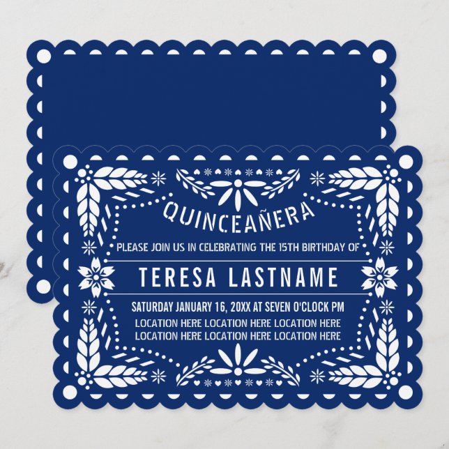 Royal blue and white papel picado Quinceañera Invitation (Front/Back)