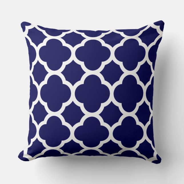 Royal Blue and White Quatrefoil Pattern Cushion (Front)