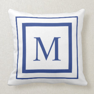Royal blue and white  square border monogram cushion