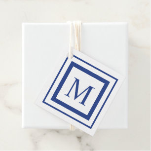 Royal blue and white  square border monogram favour tags