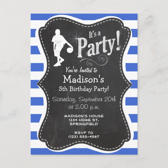 Royal Blue and White Stripes; Basketball Invitation Postcard (Front)
