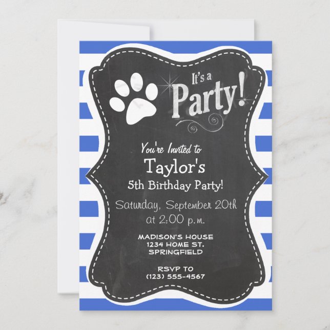 Royal Blue and White Stripes; Paw Print Invitation (Front)