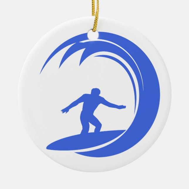 Royal Blue and White Surfing Ceramic Ornament (Front)