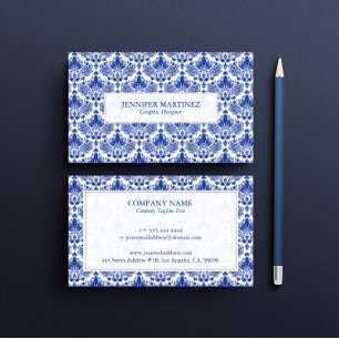 Royal Blue And White Vintage Damasks Pattern Business Card