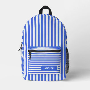 Royal Blue and White Vintage Striped Name Printed Backpack