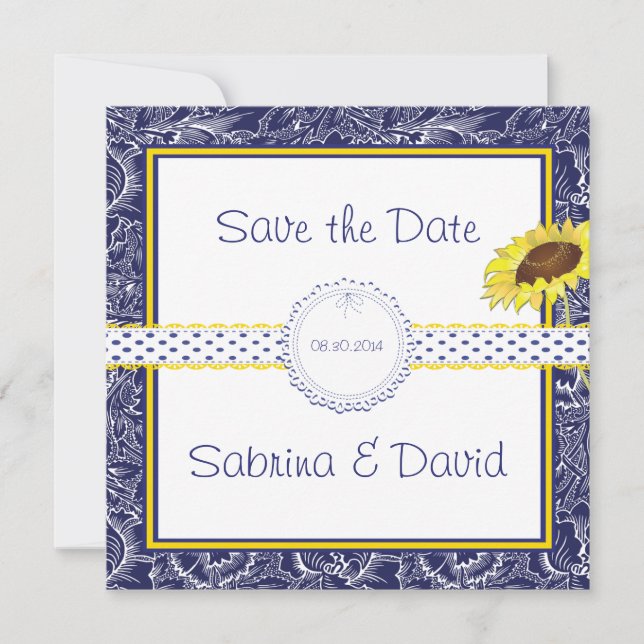 Royal Blue and Yellow Sunflowers Save the Date (Front)