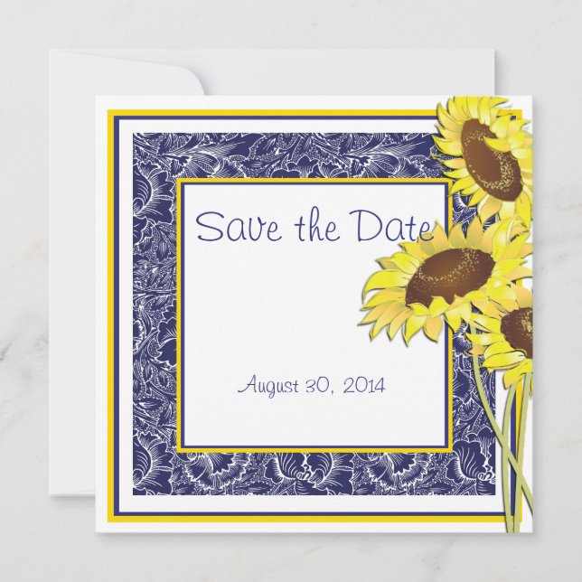 Royal Blue and Yellow Sunflowers Save the Date (Front)