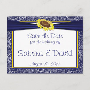 Royal Blue and Yellow Sunflowers Save the Date Announcement Postcard