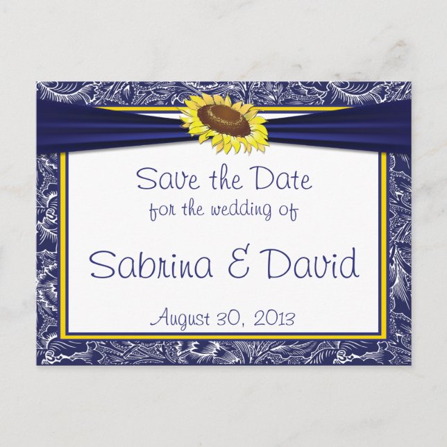 Royal Blue and Yellow Sunflowers Save the Date Announcement Postcard (Front)