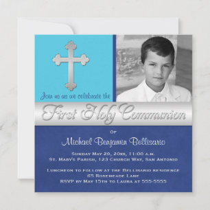 Royal Blue, Aqua 1st Holy Communion Photo Invite