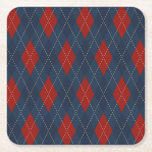 Royal Blue Argyle Christmas Pattern Square Paper Coaster