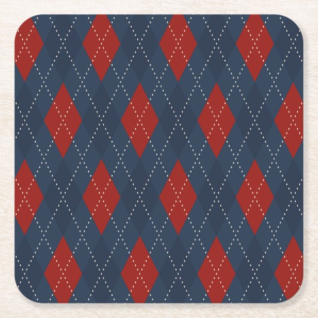 Royal Blue Argyle Christmas Pattern Square Paper Coaster (Front)