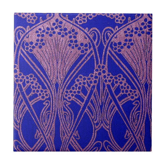 Royal blue,Art nouveau pattern,royal purple, flora Ceramic Tile (Front)