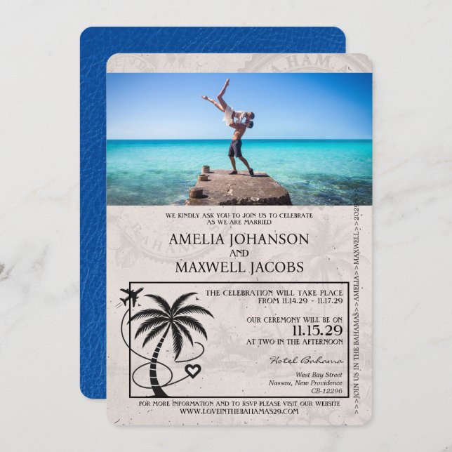 Royal Blue  Bahamas Passport Wedding Invitation (Front/Back)