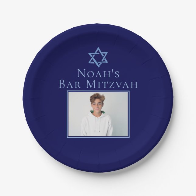 Royal Blue Bar Mitzvah Photo Star of David Party Paper Plate (Front)
