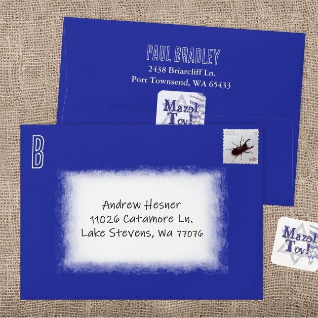 Royal Blue Bar Mitzvah Pre-addressed Envelope (Royal Blue Bar Mitzvah Invitation Envelope with Return Address Printed on Back Flap)