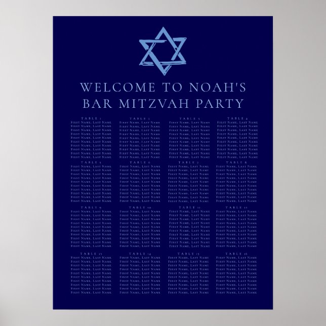 Royal Blue Bar Mitzvah Star of David Seating Chart (Front)