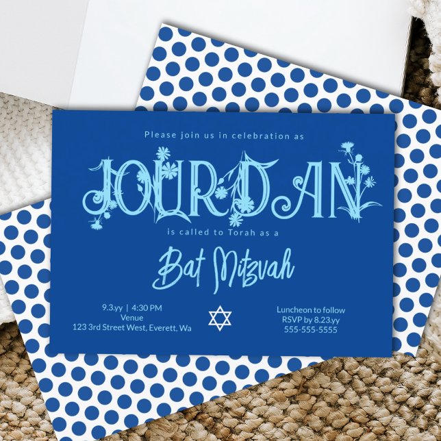 Royal Blue Bat Mitzvah Floral, Polka Dots Invitation (royal blue floral bat mitzvah invitation typographical letters word art wild flowers floral spring )