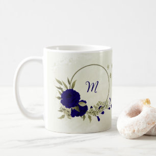 Royal blue beige floral coffee mug