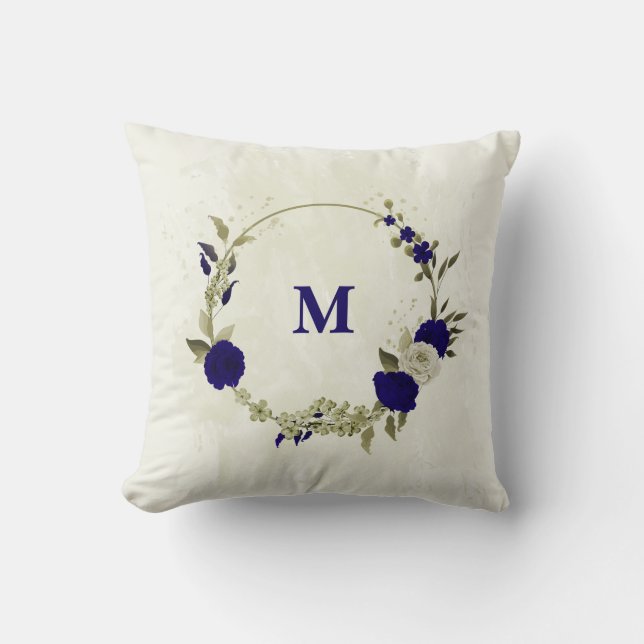 Royal blue beige floral cushion (Front)