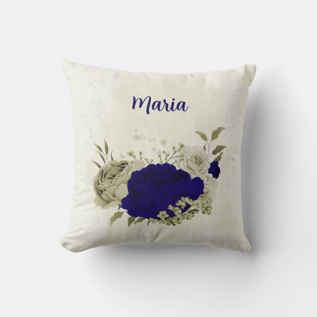 Royal blue beige floral cushion (Front)