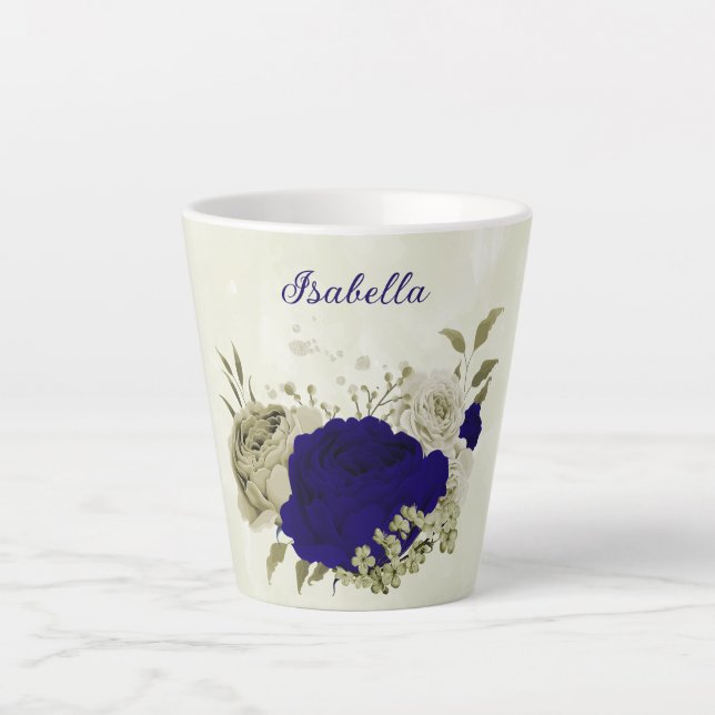Royal blue beige floral  latte mug (Front)