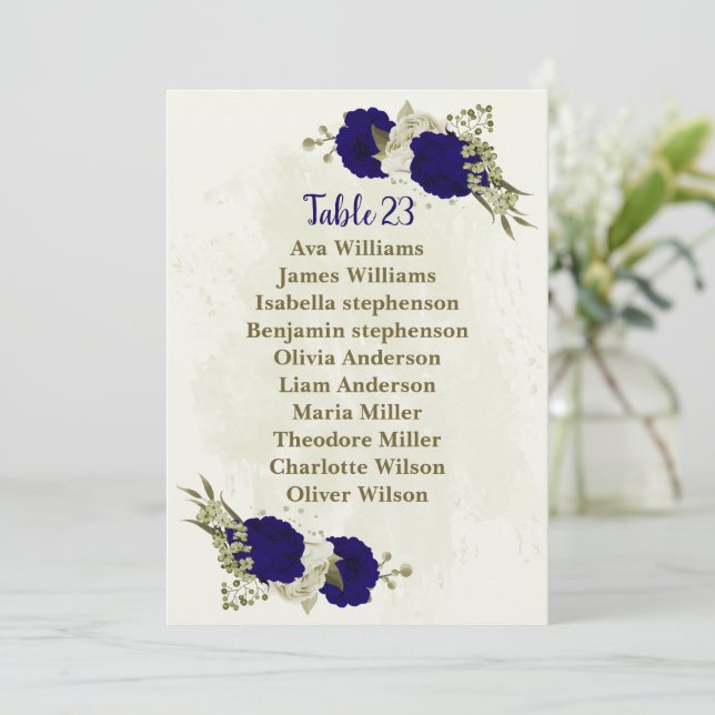 Royal blue beige floral seating chart card (Standing Front)