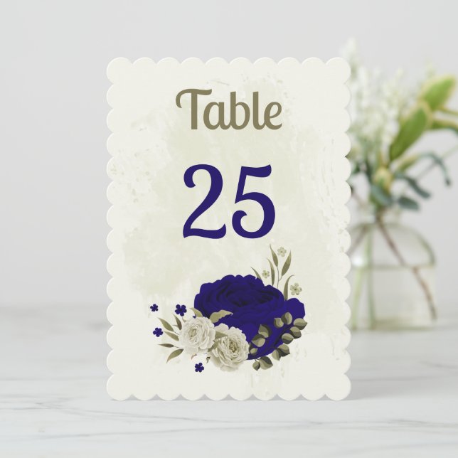 Royal blue beige floral table number card (Standing Front)