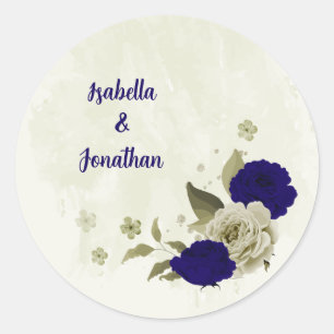 Royal blue beige floral wedding classic round sticker