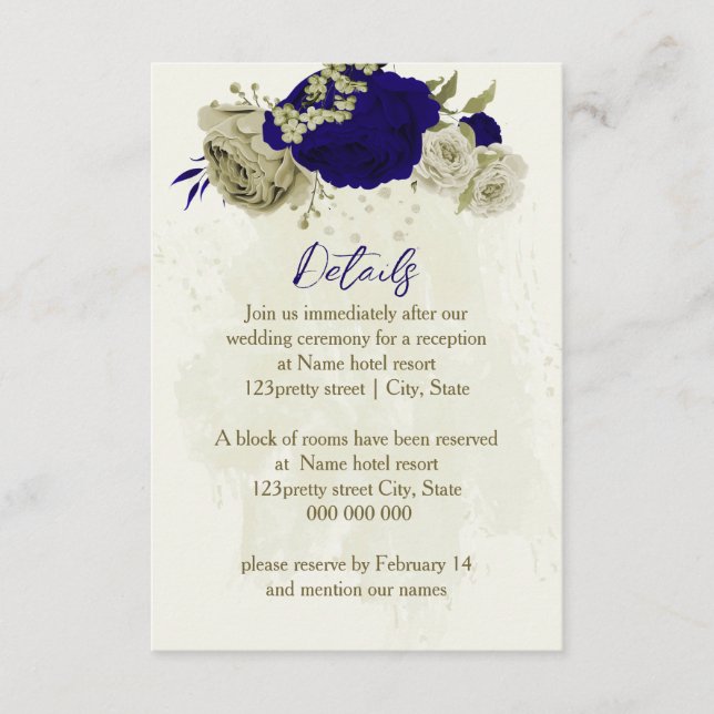 Royal blue beige floral wedding details enclosure card (Front)