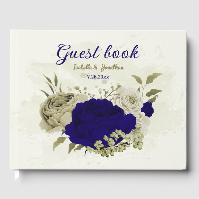 Royal blue beige floral wedding guest book (Front)