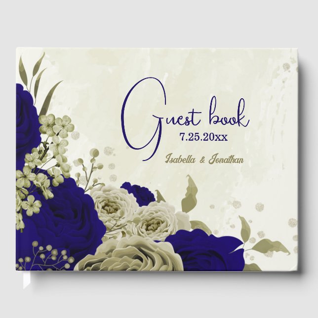Royal blue beige floral wedding guest book (Front)