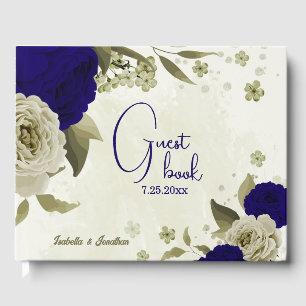 Royal blue beige floral wedding guest book