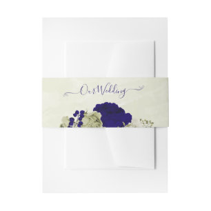 Royal blue beige floral wedding invitation belly band