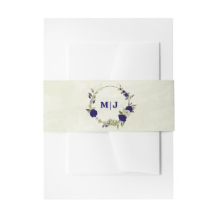 Royal blue beige floral wedding invitation belly band