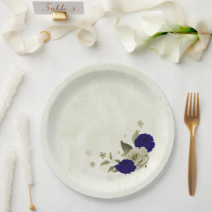 Royal blue beige floral wedding paper plate