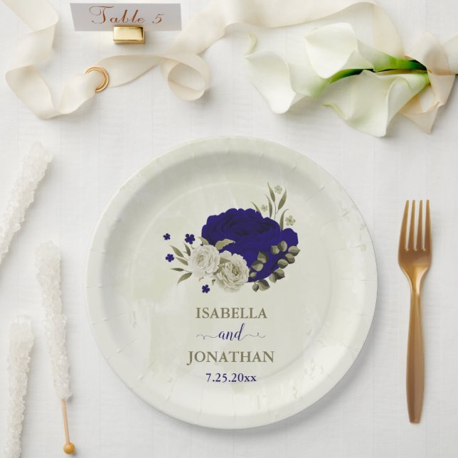 Royal blue beige floral wedding paper plate (Wedding)