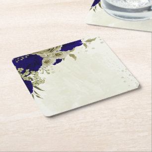 Royal blue beige floral wedding square paper coaster