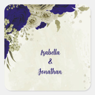 Royal blue beige floral wedding square sticker