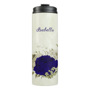 Royal blue beige floral wedding thermal tumbler