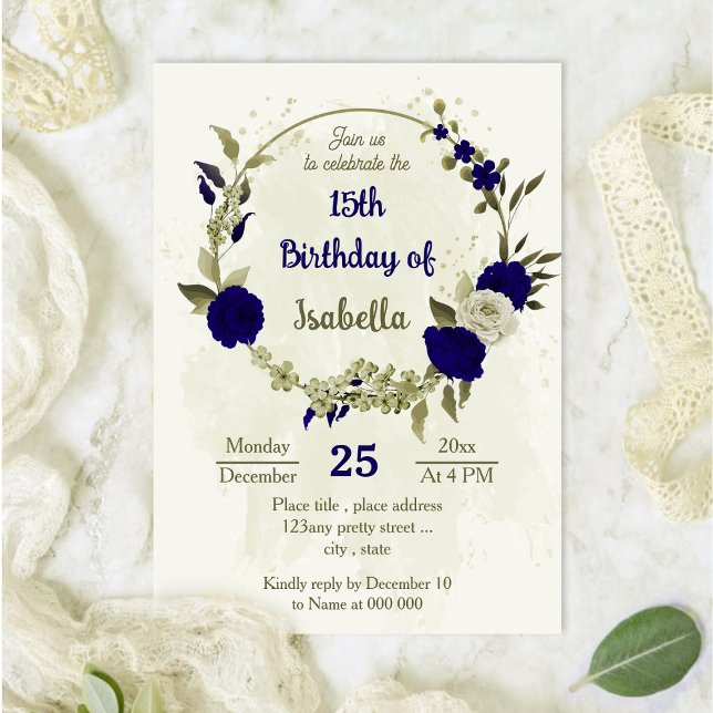 Royal blue beige flowers botanical birthday invitation (Creator Uploaded)