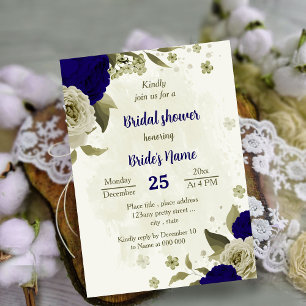 Royal blue beige flowers botanical bridal shower invitation