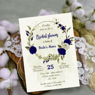 Royal blue beige flowers botanical bridal shower invitation
