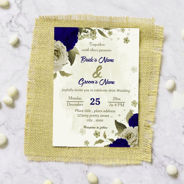 Royal blue beige flowers botanical wedding invitation (Creator Uploaded)