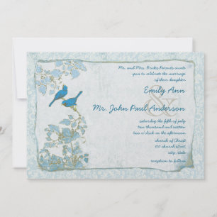 Royal Blue Birds Damask Pink Font Wedding Invite